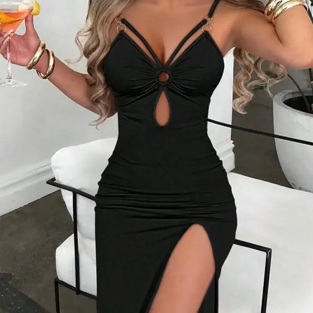 Black Sexy Women's Round Ring Link Hollow Slim Fit Spaghetti Strap Maxi Dress